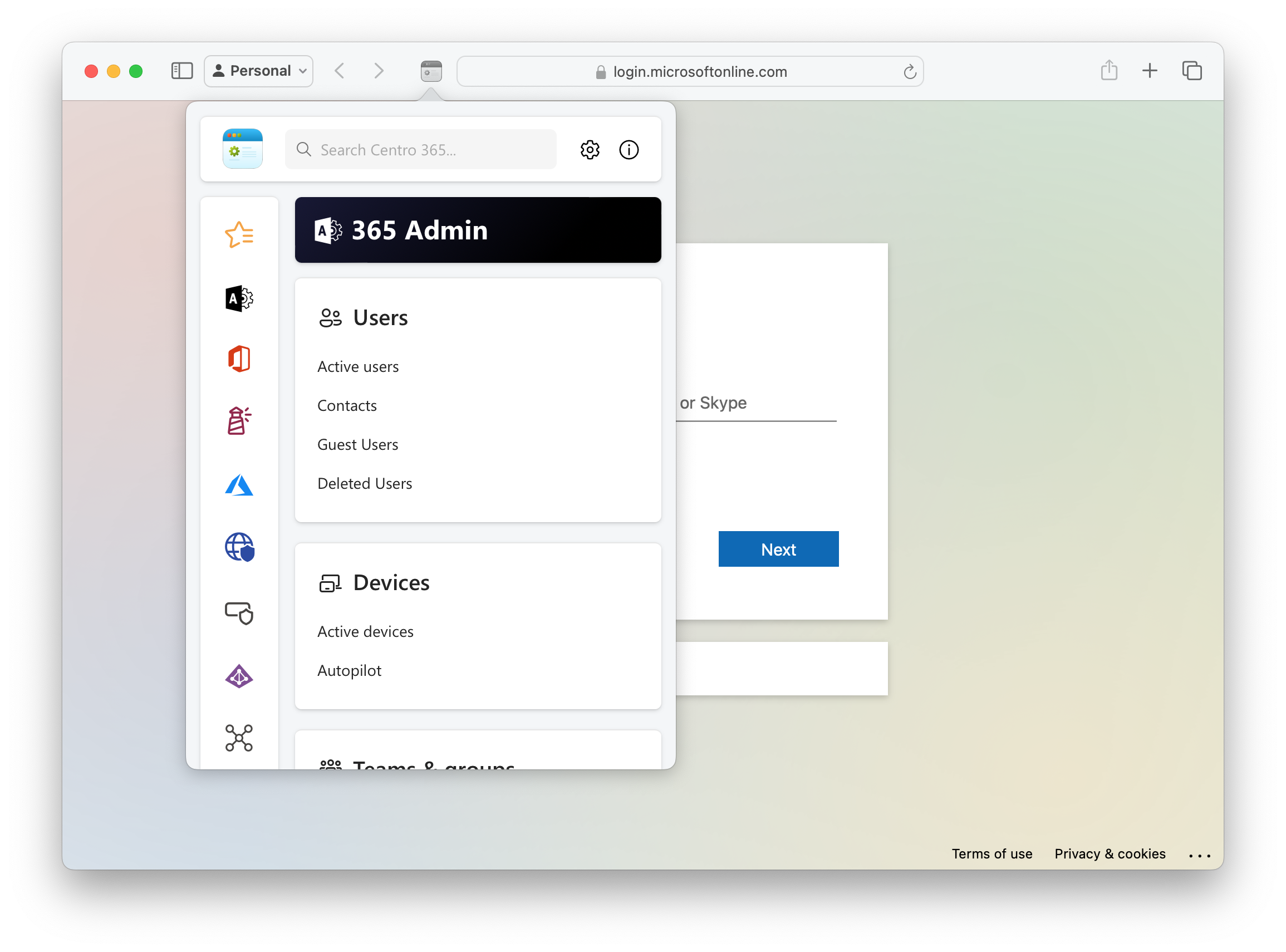 Centro 365 open, showing its vertical toolbar for navigation.