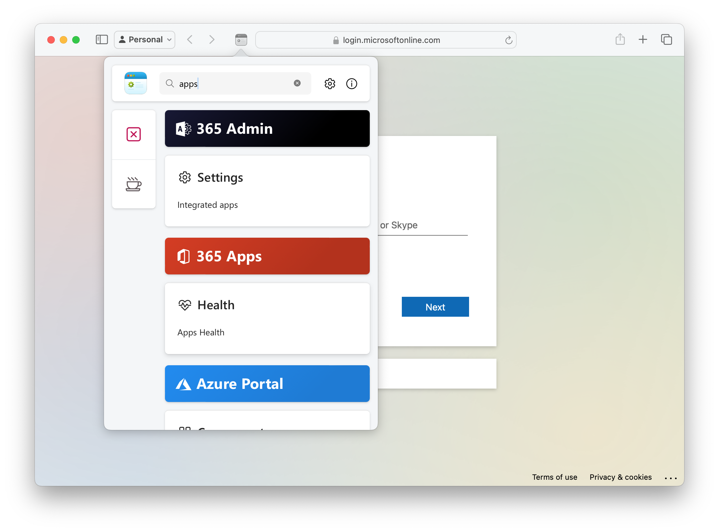 Centro 365 open on screen with a search query, filtering the results