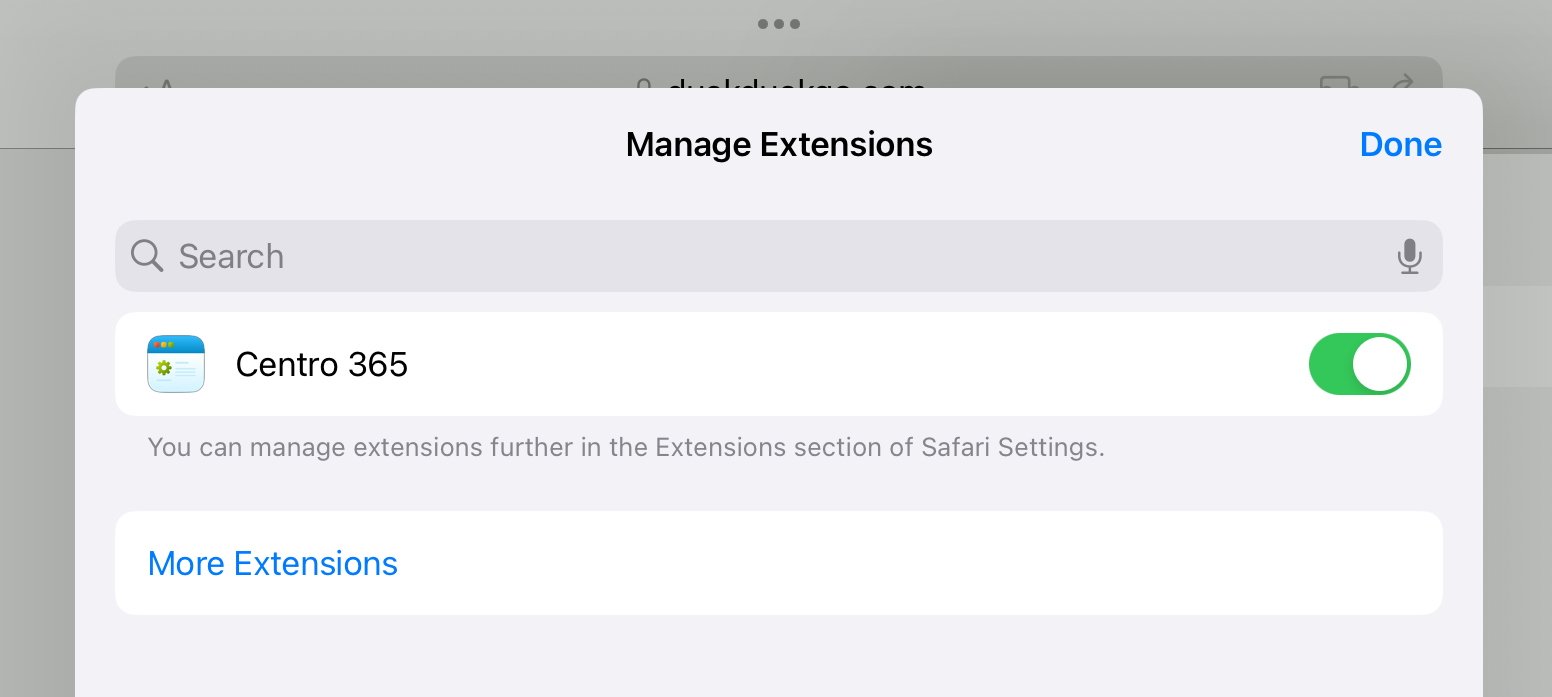 Screenshot of Safari on iPad, enabling the Centro 365 extension