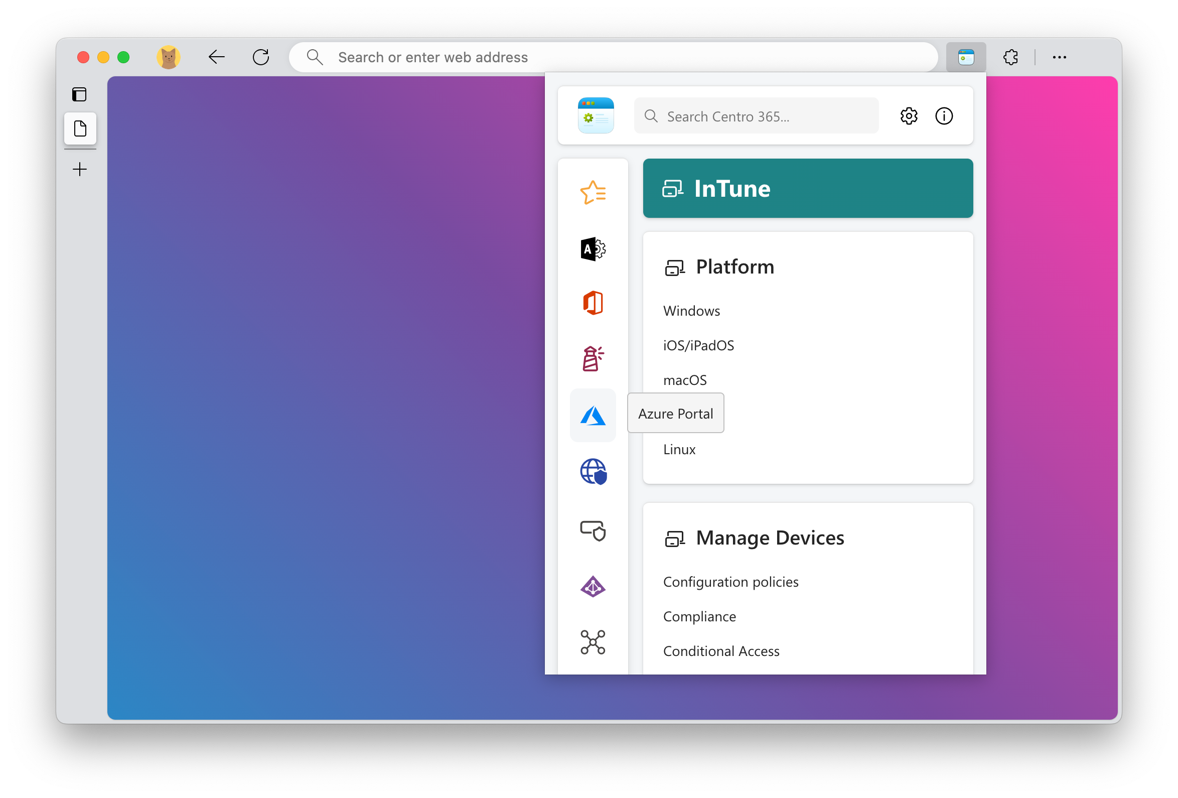 Centro 365 open, showing its vertical toolbar for navigation.