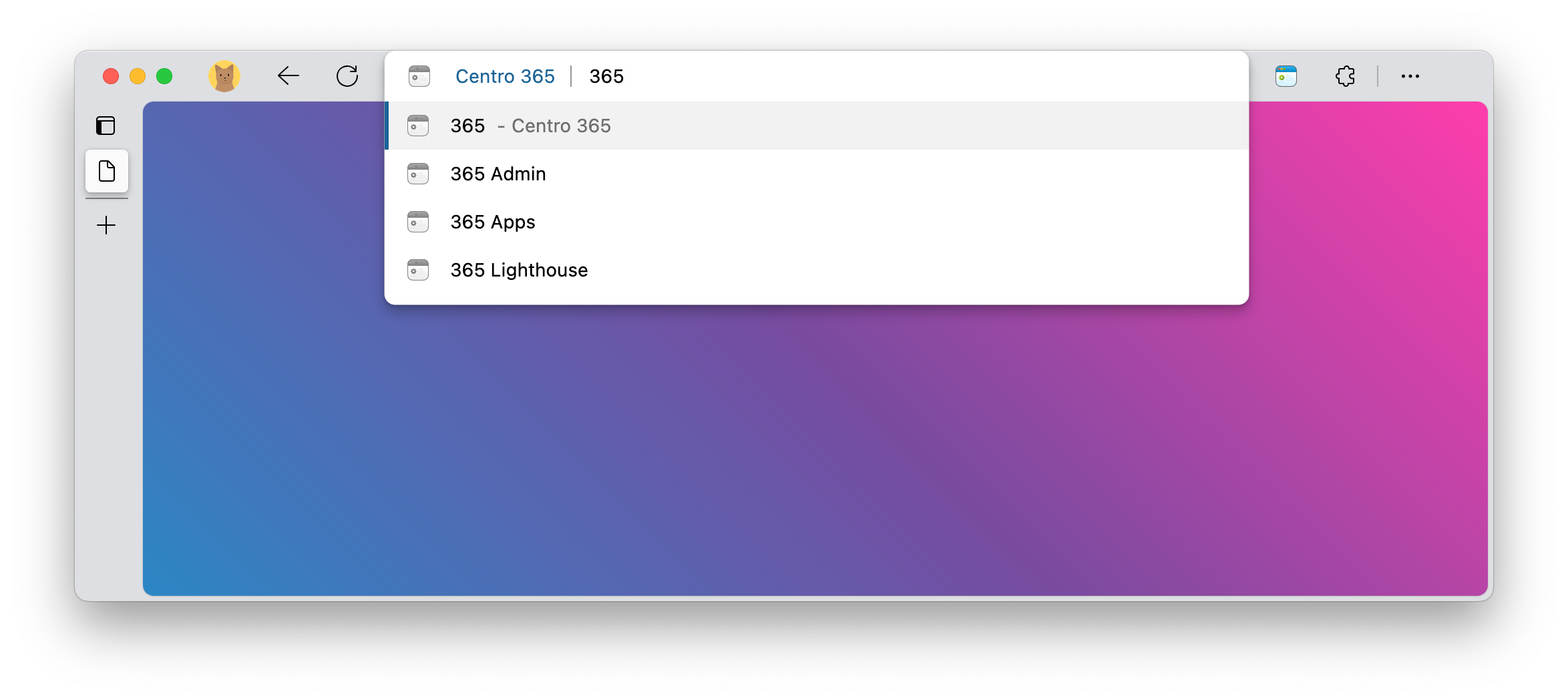 A browser window open with Centro 365 active in the omnibox