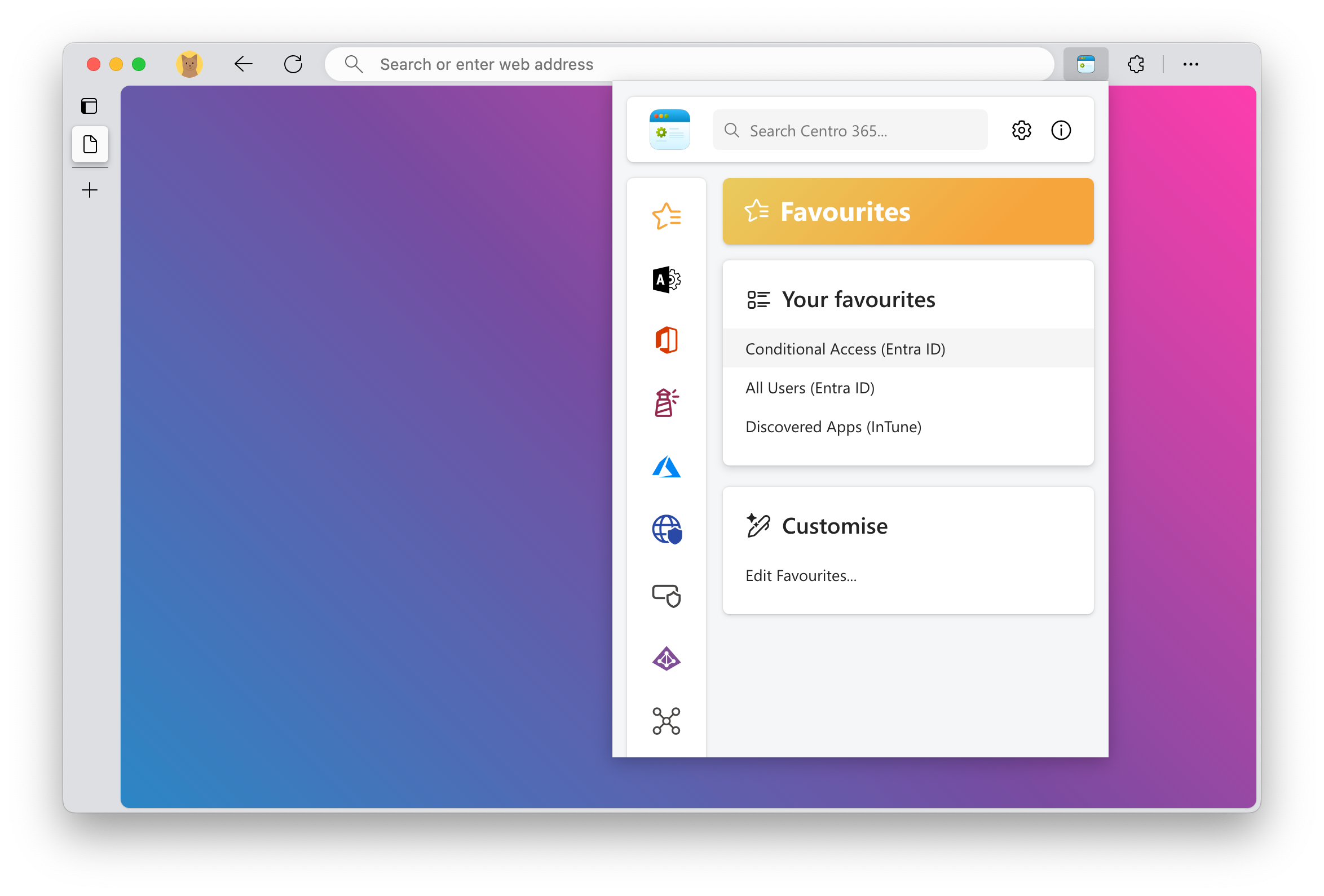 Centro 365's Favourites screen, with three custom items.