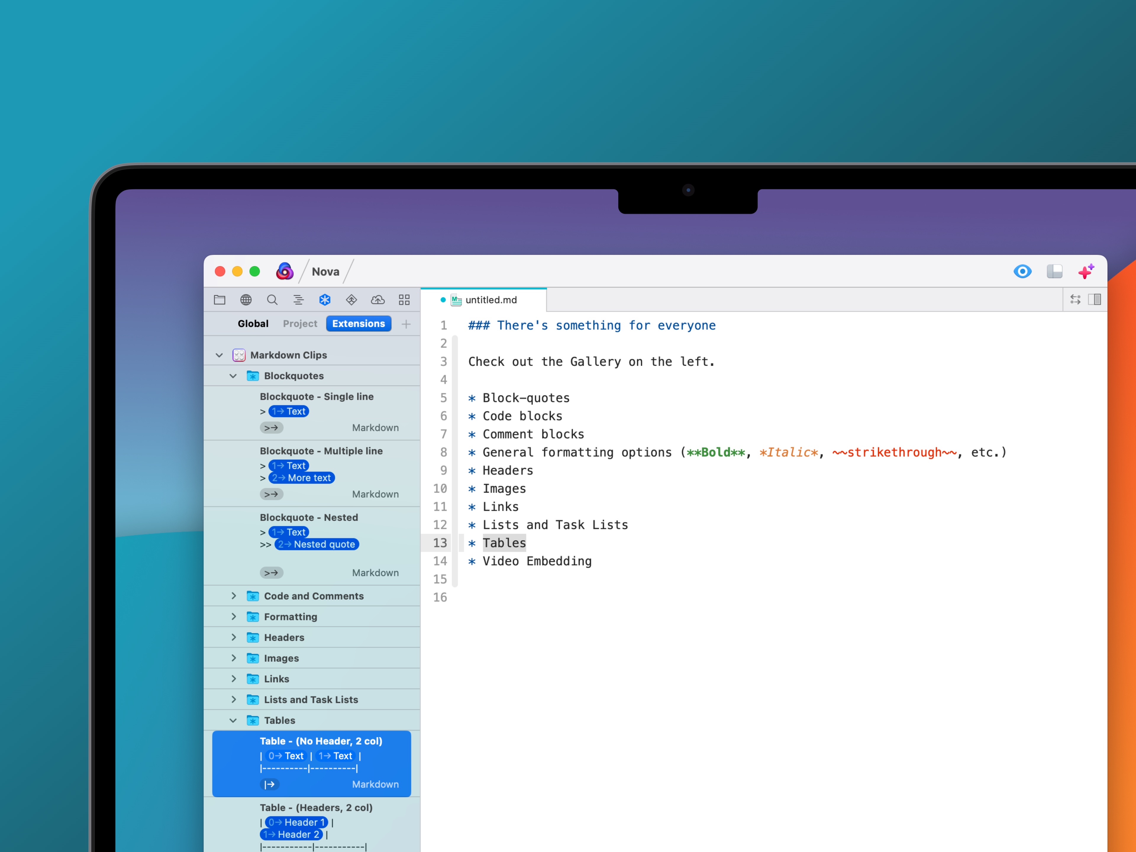 A screenshot of Nova showing Markdown Clips' gallery, and the editor has a typed list of every category.