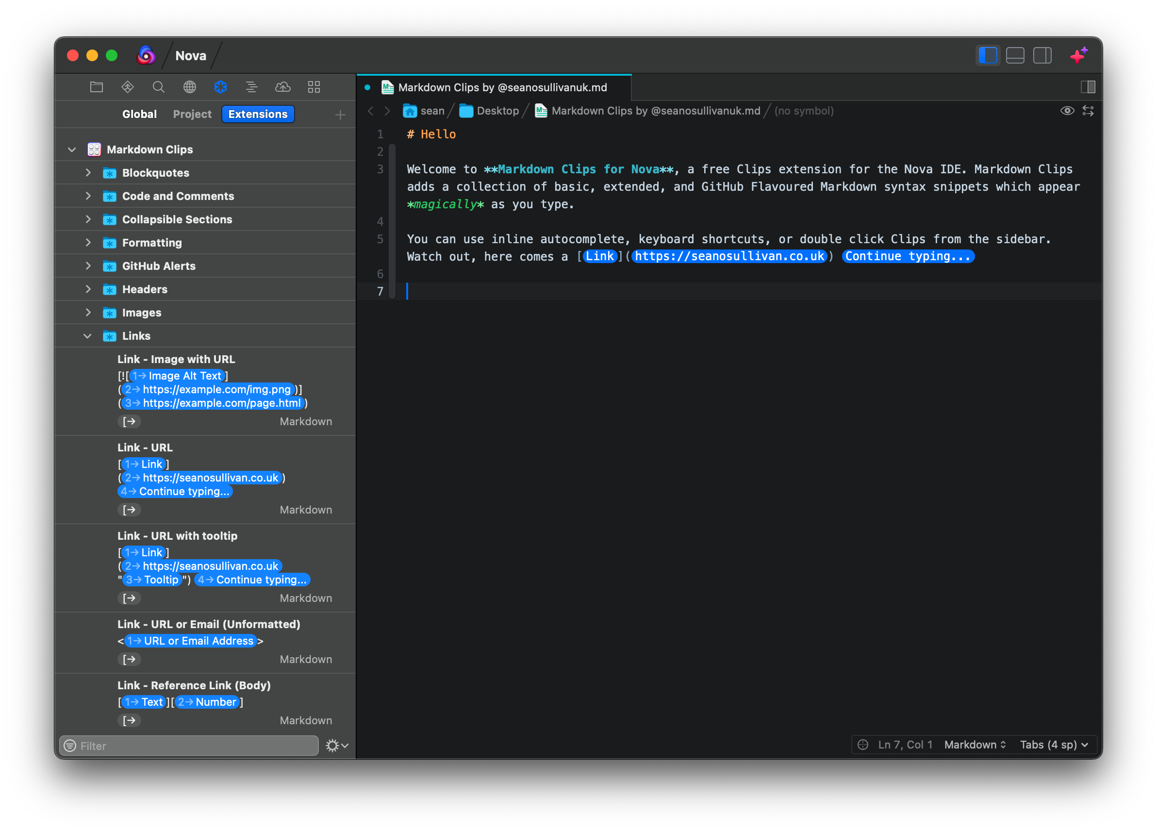 A screenshot of Markdown Clips with its Gallery open in Nova's sidebar. The editor shows a small document partly written, with header syntax being autosuggested.